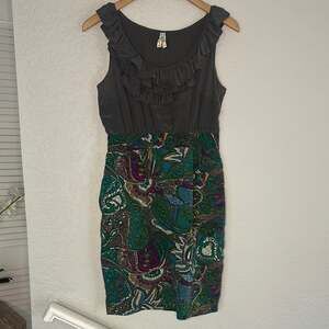 Vintage Anthropologie Maeve Brown Silk Dress Artsy Indie Cocktail Ruffle Front